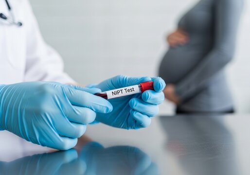 Doctor holding blood sample tube for NIPT test of pregnant woman. Medical genetic screening analysis for fetal health during pregnancy. Clinical laboratory diagnostic procedure.