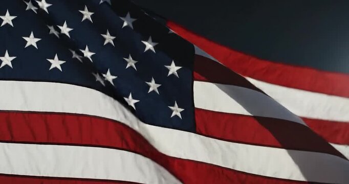 Close-up of American flag waving dynamically against dark night sky