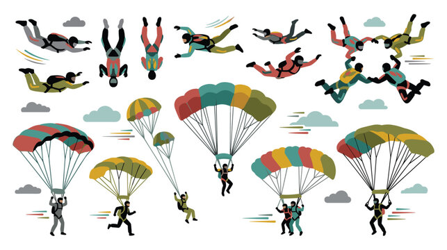 Set of skydivers in different poses with parachutes in the sky with clouds.