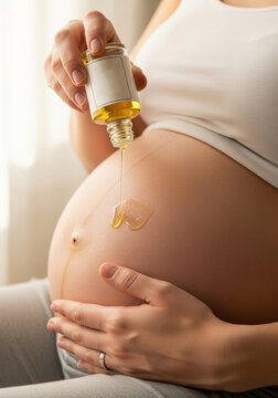 Pregnant woman applying organic oil to belly. Skin care treatment during pregnancy to prevent stretch mark. Moisturizer for abdomen and skin health. Maternal body care and wellness.