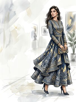 Woman wearing traditional blue and gold embroidered dress. Elegant fashion illustration of model in eastern clothing. Stylish garment design for cultural celebration and luxury event.