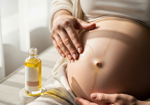 Pregnant woman applying organic oil on her belly. Skincare routine for stretch mark prevention during pregnancy. Moisturizing treatment for skin health and body wellness at home.