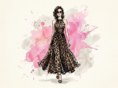 Woman wearing leopard print dress in a fashion sketch. Stylish lady with sunglasses walking on watercolor background. Contemporary apparel design illustration for glamour clothing collection.