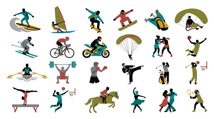 Fototapeta premium Set of isolated vector icons featuring people engaged in various sports and fitness activities.