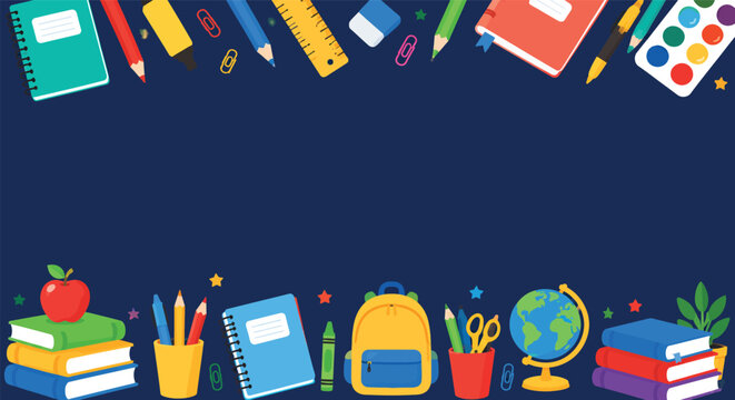Colorful school supplies and books on a blue background