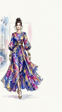 Fashion model wearing a colorful floral pattern dress walking on a runway. Hand drawn watercolor illustration of a woman in luxury couture outfit. Stylish design for clothing industry.