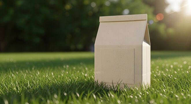 Sustainable brown paper food bag with empty square label standing upright on vibrant green lawn during golden hour sunshine in park environment scene.