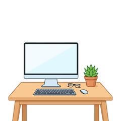 Fototapeta premium Desk setup with computer, keyboard, mouse, glasses, and plant