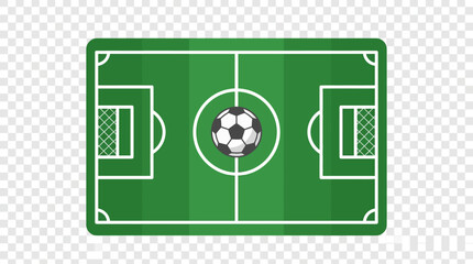 A green soccer field with white lines and a soccer ball in the center on a transparent background © pemudaberkara