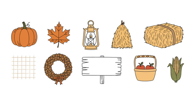 Autumn Harvest Icons Pumpkin leaf lantern haystack scarecrow corn wreath basket apples farm rural nature seasonal decoration