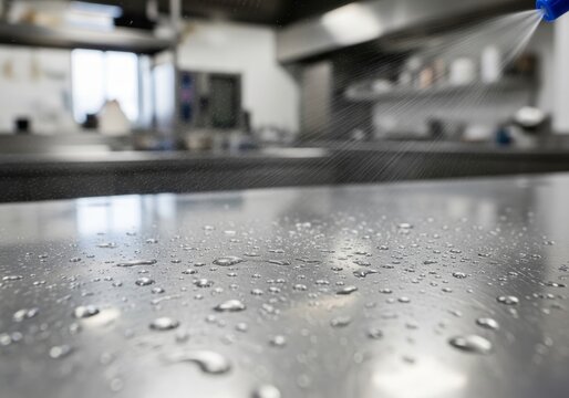 Spraying cleaning liquid onto stainless steel table in commercial kitchen. Worker sanitizing surface with disinfectant for hygiene and maintenance. Daily housekeeping and sanitation task.