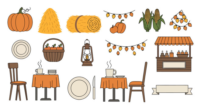 Autumn Harvest Dinner Illustration with pumpkins hay bales corn and cozy table setting for fall celebration or thanksgiving seasonal decor