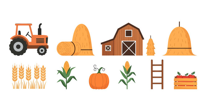 Farmhouse autumn harvest scene with tractor haystack pumpkin corn maize ladder apples crates and wheat fields countryside fall rustic decor seasonal decoration