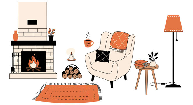 Cozy living room with fireplace, armchair, side table, lamp, and decorative elements, warm and inviting interior design for relaxation and comfort