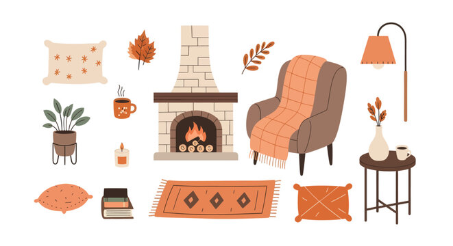 Cozy living room with fireplace armchair lamp cushions plants books and warm decor for fall or winter home interior design