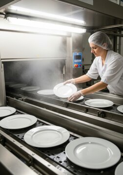 Woman dishwasher working in industrial kitchen. Plate cleaning process in professional conveyor machine. Food service hygiene, catering equipment and restaurant staff management concept.