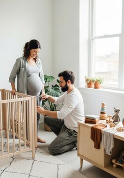 Pregnant woman and man assembling wooden baby crib in nursery. Future parents preparing home for newborn arrival. Domestic activity, family lifestyle and nursery furniture setup concept.