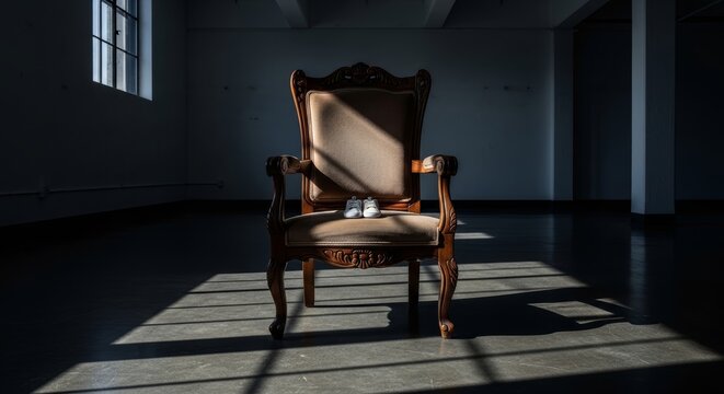 Antique wooden armchair with baby shoe sitting in dark room. Vintage furniture piece in empty interior with natural light casting shadow. Birth announcement or expecting parent concept.