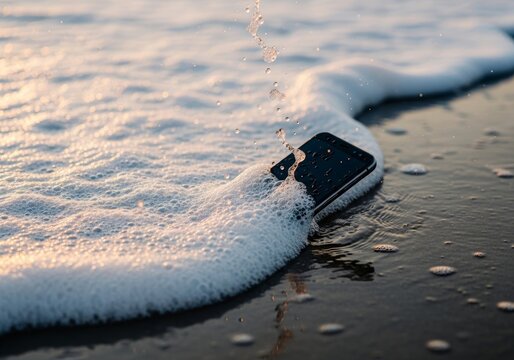 Smartphone lying on wet sand covered by ocean wave. Damaged gadget in water on beach. Accident, technology failure, phone protection and accidental water damage repair service concept.