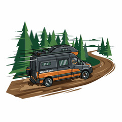 Obraz premium Adventure camper van driving on a winding dirt road through a dense pine forest illustration.