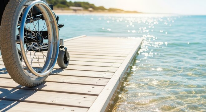 Empty wheelchair on wooden pier by sea. Concept of accessibility and inclusion for disabled person on beach vacation. Recovery and travel opportunity for patient with limited mobility.