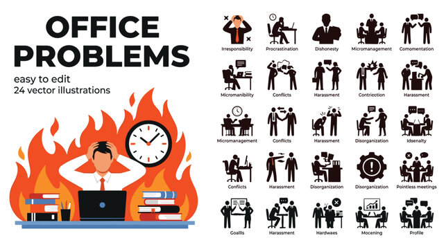 Office problems flat vector illustrations set, easy to edit 24 vector illustrations.