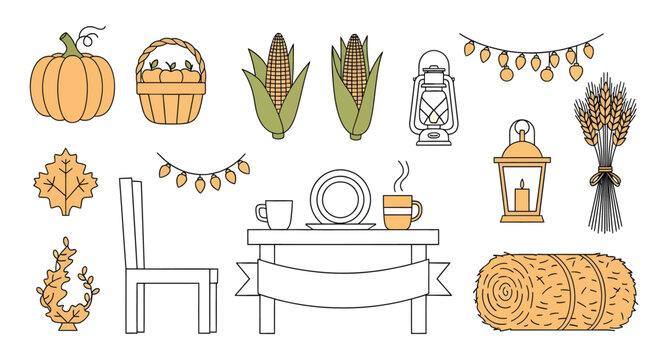 Autumn harvest and rustic fall decor collection with pumpkins, lanterns, wheat, candles, cozy items for thanksgiving autumn decoration