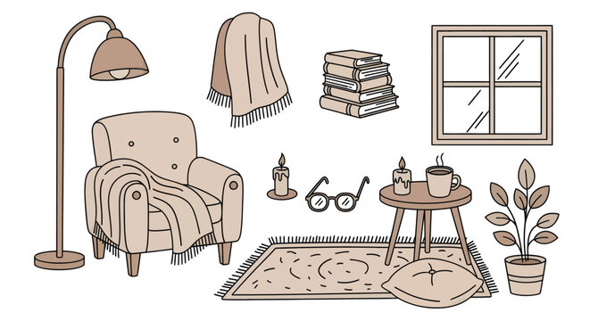 Cozy living room illustration with armchair bookshelf window lamp candles and plants for home decor design