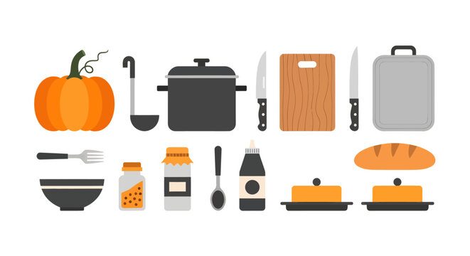 Fall Kitchen Cooking Scene with Pumpkins Knives Cutting Board Oil and Bread for Autumn Harvest Culinary Preparation