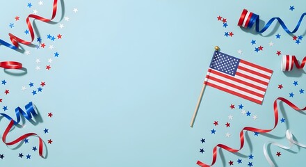 Fototapeta premium American Flag and Red White Blue Ribbons on Light Blue Background for Fourth of July, Independence Day Banner, Greeting Card and Party Invitation