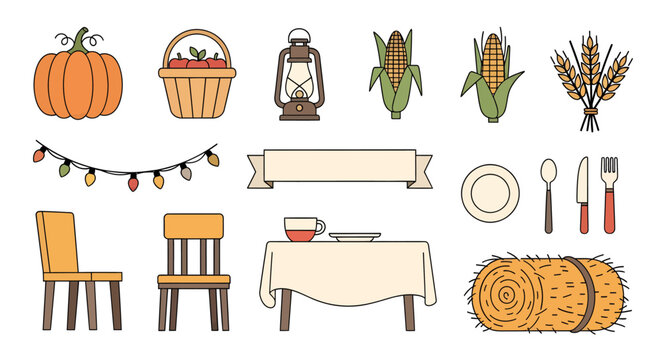 Autumn harvest thanksgiving table setting with pumpkins corn cups cutlery tablecloths chairs and logs for cozy fall celebration background