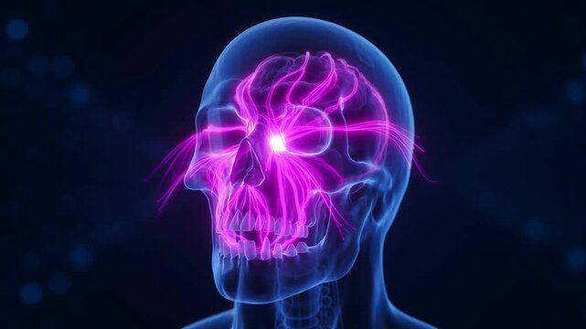 Human skull anatomy visualization with glowing pink neural pathways and electrical nerve impulses radiating through the cranium