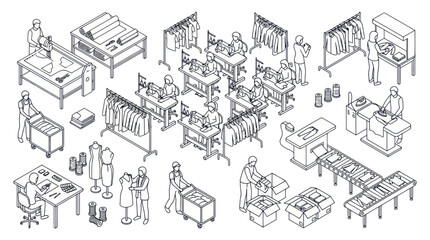 Obraz premium Apparel manufacturing factory line with workers and machinery