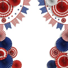 Obraz premium Red White and Blue Patriotic Frame with Paper Fans, Stars, Bunting and Blank Copy Space for Fourth of July Party Invitations, Posters and Holiday Designs