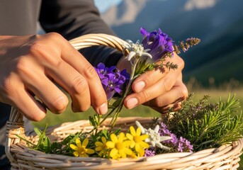 Fototapeta premium Woman picking fresh alpine wildflowers and herbs in a wicker basket. Foraging organic flora in mountain nature. Seasonal botanical harvest and sustainable lifestyle outdoor concept.