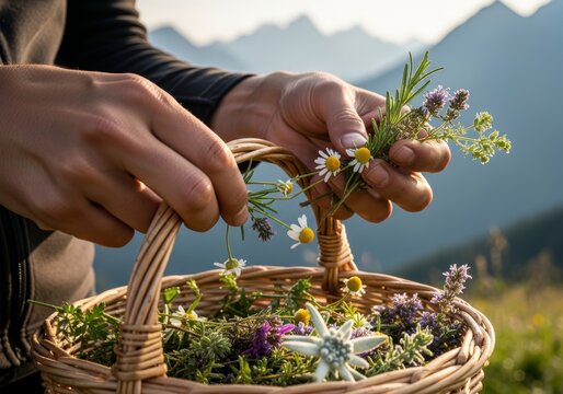 Woman gathering wild alpine flowers and medicinal herbs into a wicker basket. Foraging in mountain landscape at sunset. Sustainable living and connection with nature concept.