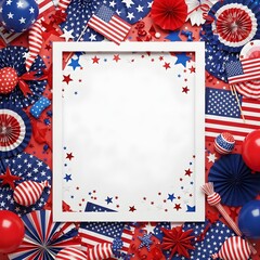Obraz premium Fourth of July Patriotic Party Frame with American Flags, Stars and Copy Space for Independence Day Poster, Invitation, Banner and Social Media Design