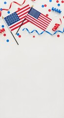 Obraz premium American Flag Party Background with Confetti and Copy Space for Fourth of July, Memorial Day, Veterans Day, Patriotic Holiday Banner
