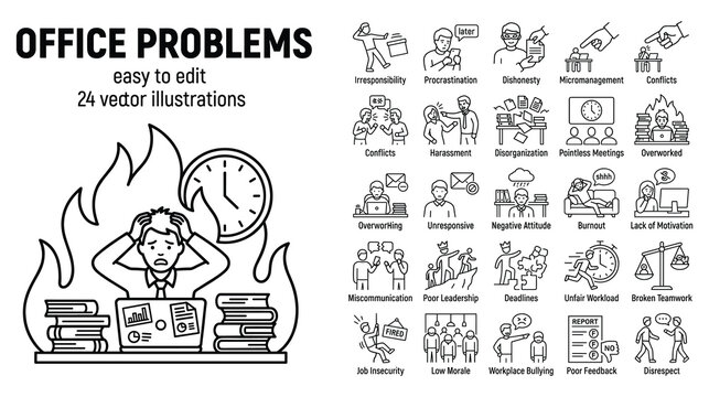 Common office problems and workplace issues linear vector illustrations set for business.