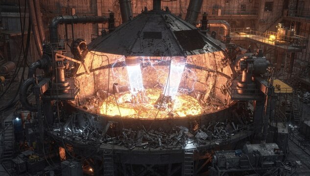 Industrial electric arc furnace meltdown with arcing electrodes above alloy charge roof closed focusing on the molten metal transformation in a controlled environment.