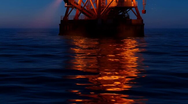 Offshore oil and gas extraction platforms operating at night with bright industrial flare burning on ocean horizon deep sea
