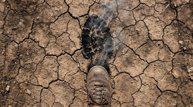 Sepatu bot mendekati jejak karbon berasap di lahan kering
