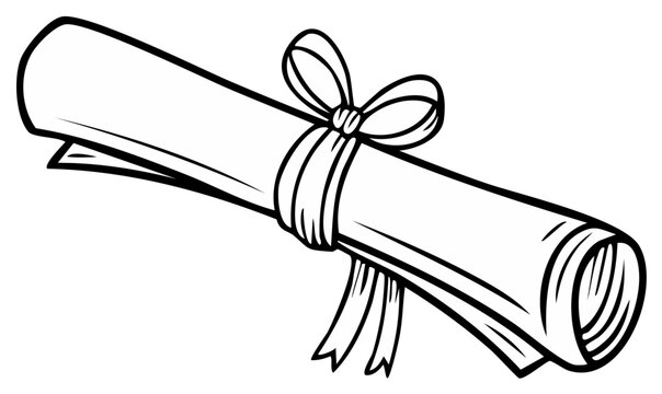 Diploma scroll illustration with tied ribbon for graduation or educational success black and white line art