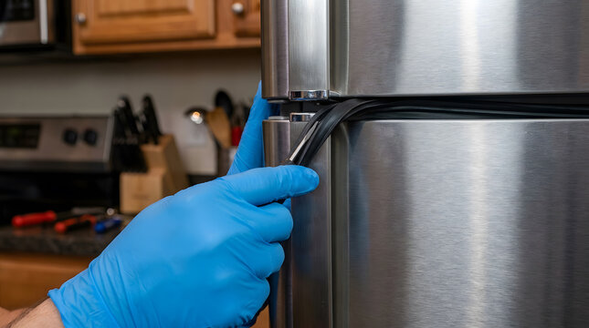 Technician replacing rubber door gasket on stainless steel refrigerator | Close up of gloved hand repairing fridge door seal | Refrigerator maintenance and appliance repair service 