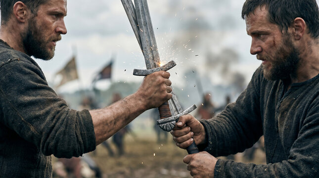 Viking Duel: Two fierce Viking warriors clash swords in a brutal duel, mud splattered and faces grim with determination, set against the backdrop of a chaotic battlefield.