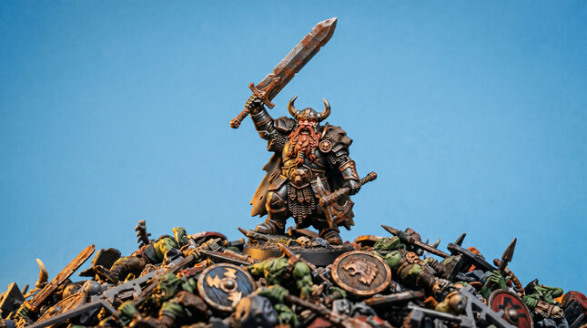 Viking Warrior Miniature Triumph: A highly detailed painted figurine of a powerful Viking warrior stands victorious atop a pile of defeated fantasy foes, brandishing a large blade in battle glory.