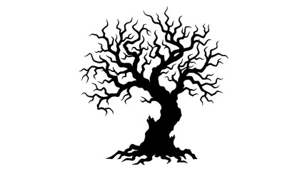 Fototapeta premium Spooky Silhouette of a Gnarled Bare Tree with Twisted Branches and Exposed Roots