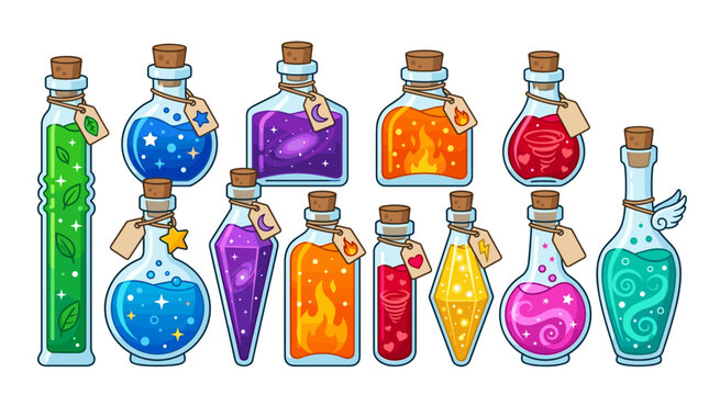 Collection of magical potions in glass bottles with cork stoppers and labels