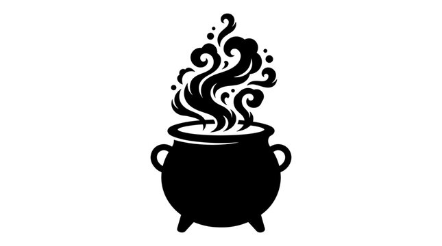 Black silhouette of a cauldron with bubbling steam rising, isolated on white background
