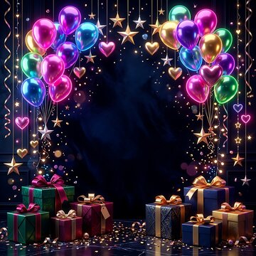 Festive birthday background with balloons and presents dark blue backdrop